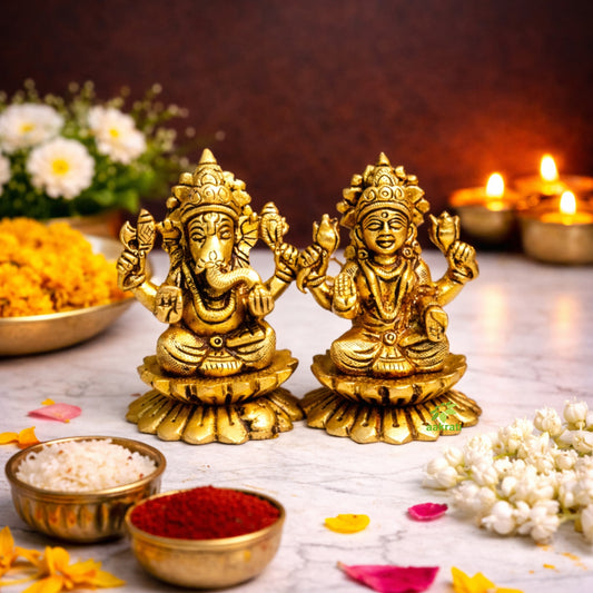 Brass Laxmi Ganesh Idol for Home Pooja | Sacred Idol for Daily Worship & Festivals | Brass Laxmi Ganesh (Yellow, 3 Inches)