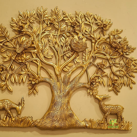Wall decor Tree of life with Bird and deer| tree with root and branches in yellow finishing for wall art and wall decoration