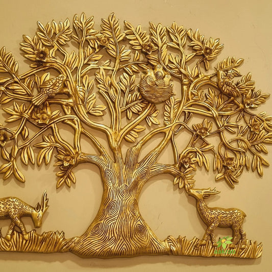 Wall decor Tree of life with Bird and deer| tree with root and branches in yellow finishing for wall art and wall decoration Aakrati