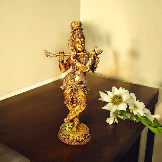 Lightweight Brass Krishna Idol | Perfect for Spiritual Décor | Premium Brass Krishna Murti ( Yellow, 15.7 inch) Aakrati