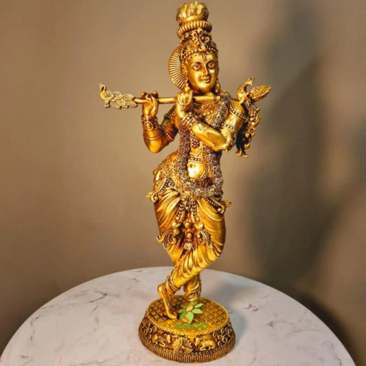 Lightweight Brass Krishna Idol | Perfect for Spiritual Décor | Premium Brass Krishna Murti ( Yellow, 15.7 inch) Aakrati
