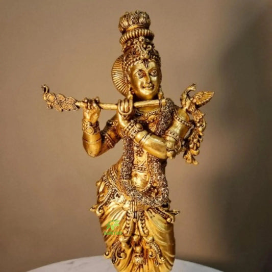 Brass Krishna Idol | Lightweight and Exquisite Craft | Traditional Brass Krishna Statue ( Yellow, 12 inch) Aakrati