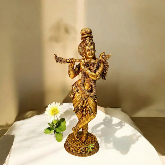 Brass Krishna Statue | Lightweight, Classic, and Blessed Art | Elegant Krishna Brass Sculpture ( Yellow, 9.8 inch) Aakrati