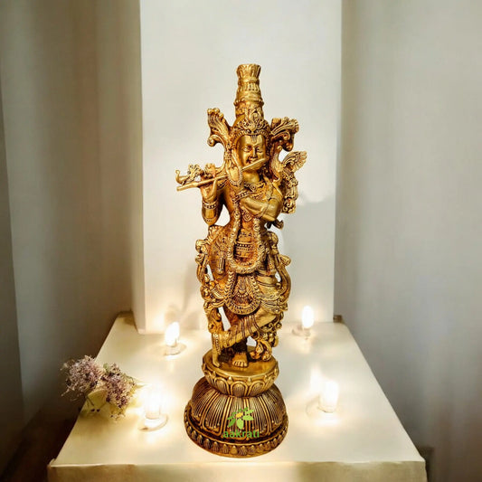 Brass Krishna Statue | Lightweight, Classic, and Blessed Art | Elegant Krishna Brass Sculpture ( Yellow, 11 inch) Aakrati