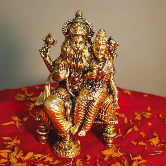 Brass Narsimha Idol | Bless Your Temple with Divine Might | Brass Narsimha Murti ( Yellow, 5.3 inch) Aakrati