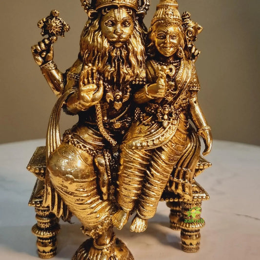 Brass Narsimha Idol | Bless Your Temple with Divine Might | Brass Narsimha Murti ( Yellow, 5.3 inch) Aakrati