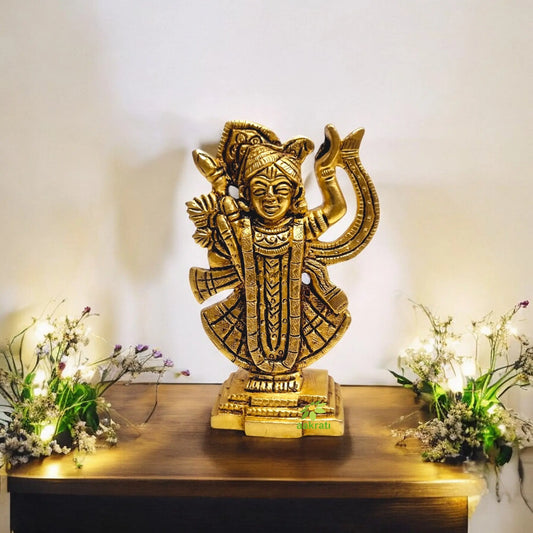 Antique Finish Brass Shri Nath Ji Idol | Traditional Hindu Religious Idol for Home Temple ( Yellow, 4.5 inch) Aakrati