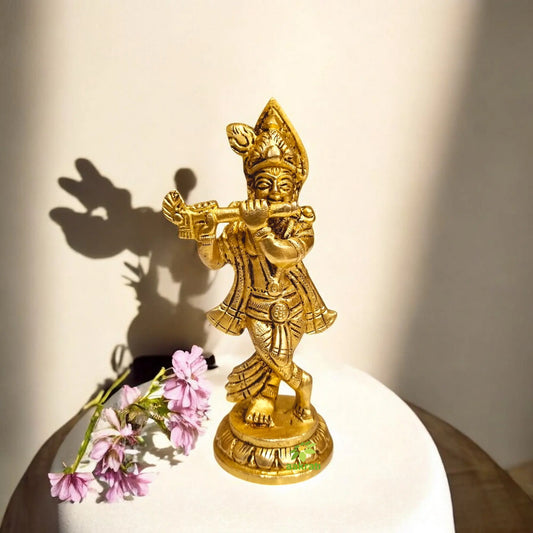 Brass Krishna Murti | Handcrafted Divine Idol for Spiritual Home & Temple Decor ( Yellow, 4.5 inch) Aakrati