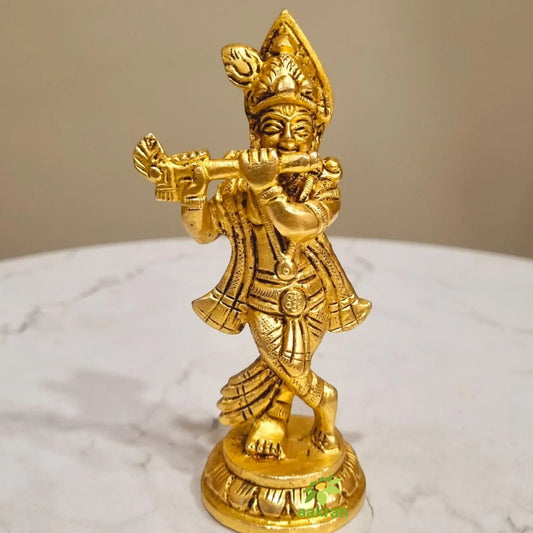 Brass Krishna Murti | Handcrafted Divine Idol for Spiritual Home & Temple Decor ( Yellow, 4.5 inch) Aakrati