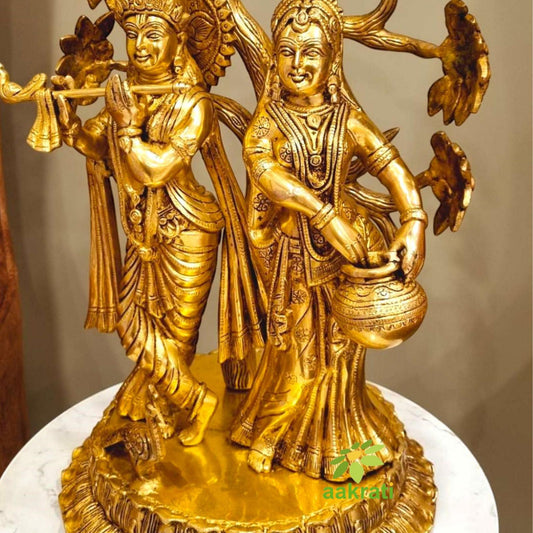 Brass Radha Krishna with Tree | Antique Finish Sculpture | Radha Krishna Under Tree ( Yellow, 22 inch)