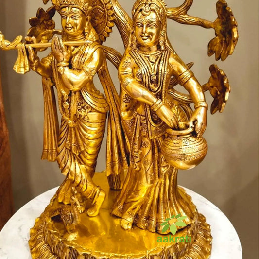 Brass Radha Krishna with Tree | Antique Finish Sculpture | Radha Krishna Under Tree ( Yellow, 22 inch) Aakrati