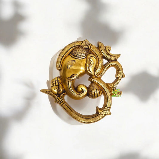 Handcrafted Brass Ganesha with Om Symbol | Auspicious Wall Hanging for Prosperity | Decorative Brass Ganesha Idol with Om ( Yellow, 8 inch) Aakrati