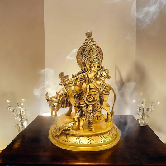 Brass Krishna Murti Statue | Traditional Indian Craftsmanship | Antique Brass Krishna Murti Idol ( Yellow, 8.5 inch) Aakrati