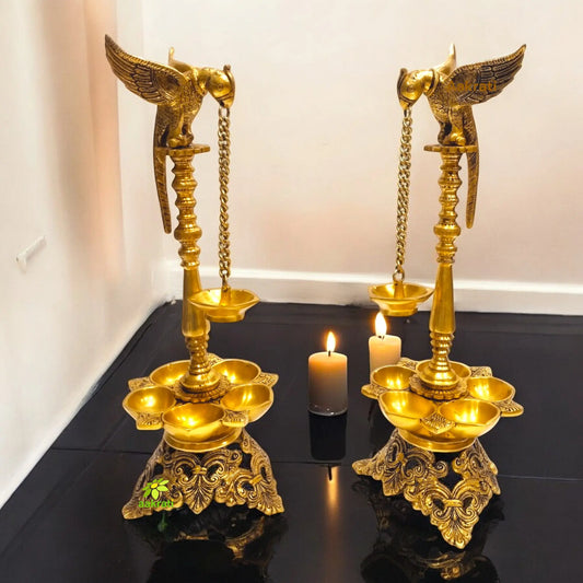 Traditional Brass Parrot Oil Diya Stand | Ideal for Festive Home Decoration | Decorative Brass Oil Lamp Stand ( Yellow, 21 inch) Aakrati