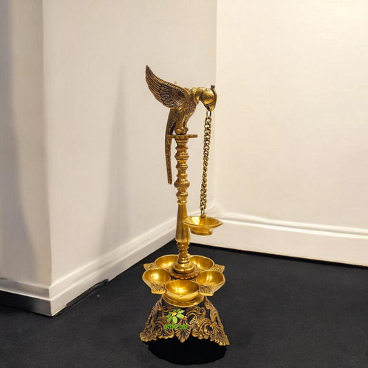 Traditional Brass Parrot Oil Diya Stand | Ideal for Festive Home Decoration | Decorative Brass Oil Lamp Stand ( Yellow, 21 inch)