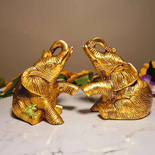 A Pair of Brass Elephant Statues Made By Aakrati| Collectable Figurine| Showpieces| Decorative Items (Yellow, Height 3.8inch) Aakrati