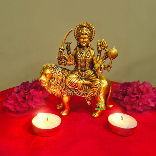 Modern Brass Lightweight Durgaa Murti | A Spiritual Accent for Indian Interiors | Lightweight Brass Durgaa Murti ( Yellow, 6 inch)