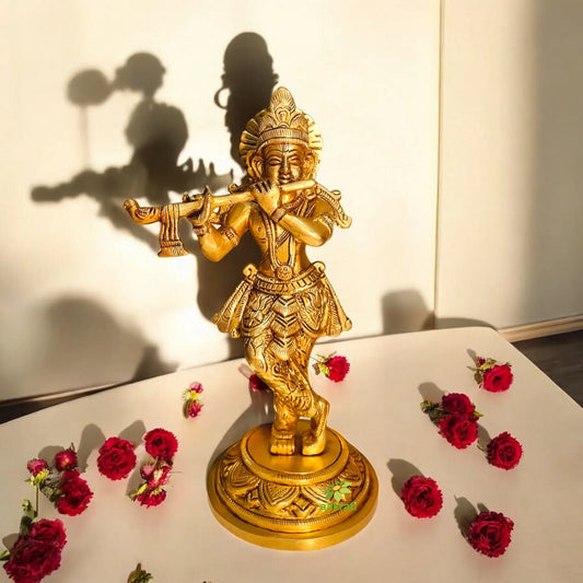 Brass Krishna Statue | Aesthetic Religious Idol for Festive Blessings | Handmade Brass Krishna Idol Showpiece ( Yellow, 8 inch) Aakrati