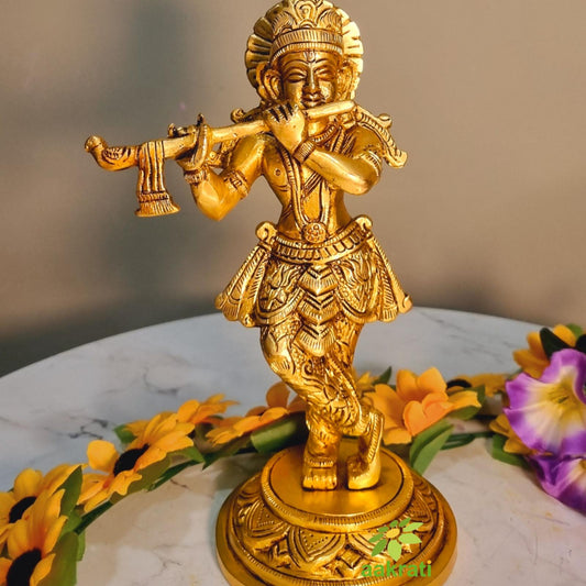 Brass Krishna Statue | Aesthetic Religious Idol for Festive Blessings | Handmade Brass Krishna Idol Showpiece ( Yellow, 8 inch)