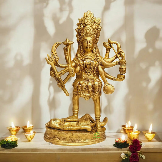 Modern Brass Kali Mata Idol | Unique Handcrafted Devotional Sculpture | Brass Kali Mata Murti ( Yellow, 10.2 inch) Aakrati