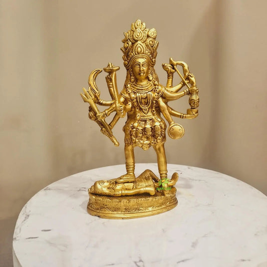 Modern Brass Kali Mata Idol | Unique Handcrafted Devotional Sculpture | Brass Kali Mata Murti ( Yellow, 10.2 inch) Aakrati