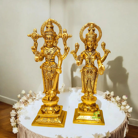 Premium Brass Lakshmi Vishnu Home Decor | Embrace Dual Divine Blessings in Style | Luxury Brass Lakshmi Vishnu Pair ( Yellow, 10.5 inch) Aakrati