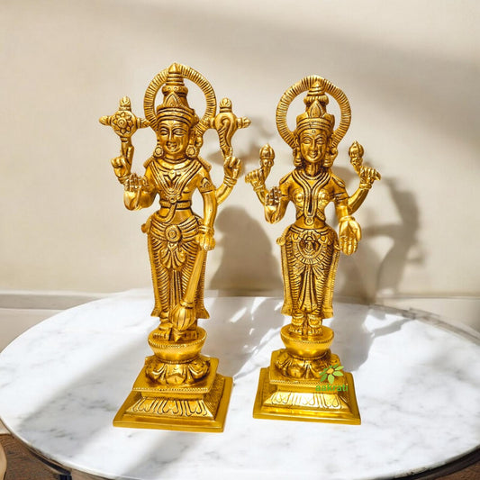 Premium Brass Lakshmi Vishnu Home Decor | Embrace Dual Divine Blessings in Style | Luxury Brass Lakshmi Vishnu Pair ( Yellow, 10.5 inch)