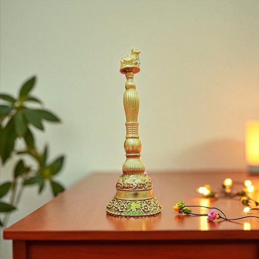 Light Weighted Pure Brass Hand Bell for Temple | Traditional Pooja Ghanti for Home & Mandir | Handcrafted Brass Pooja Bell (Yellow, 4.3 Inch) Aakrati