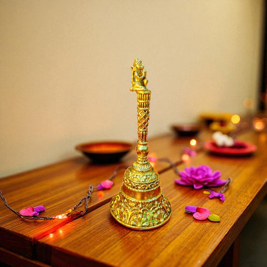 Pure Brass Hand Bell for Temple |Light Weighted Pooja Ghanti for Aarti & Daily Worship | Brass Aarti Bell with Handle (Yellow, 5.5 Inch) Aakrati