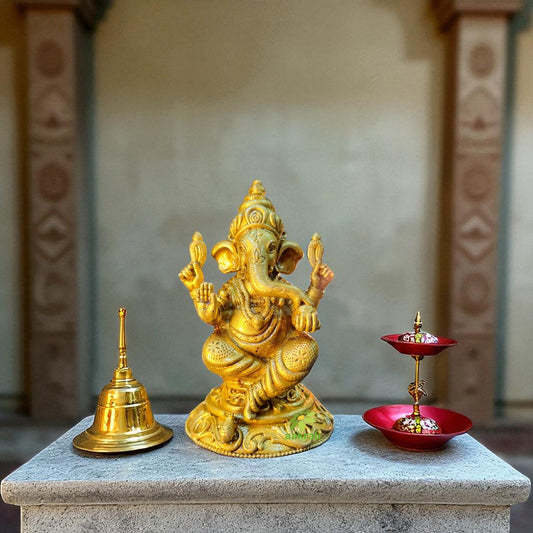 Light Weighted Brass Lord Ganesha Idol for Temple | Ganpati Murti for Festive & Spiritual Use | Ganpati Murti for Festive & Spiritual Use (Yellow, 3.5 Inch) Aakrati