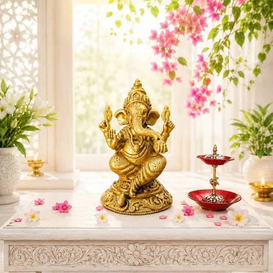 Light Weighted Brass Lord Ganesha Idol for Temple | Ganpati Murti for Festive & Spiritual Use | Ganpati Murti for Festive & Spiritual Use (Yellow, 3.5 Inch)