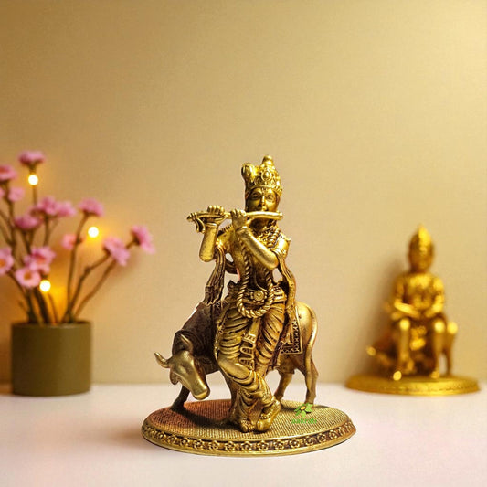 Pure Brass Krishna Idol for Temple | Handcrafted Murti for Puja & Home Mandir | Light Weighted Brass Krishna Murti for Mandir (Yellow, 3 Inch) Aakrati