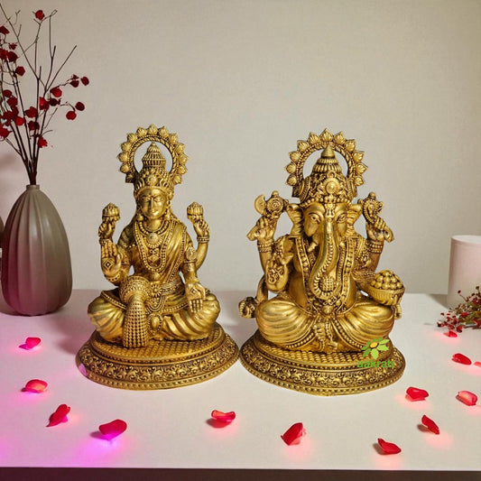 Light Weighted Lakshmi Ganesh Brass Idol Set | Temple Decor Statue for Daily Worship & Festivities | Temple Decor Statue for Daily Worship & Festivities (Yellow, 4.5 Inch)