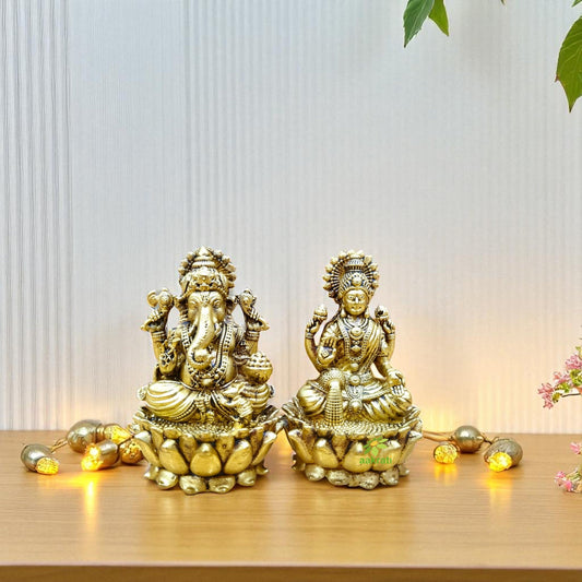 Light Weighted Lakshmi Ganesh Idol Set in Brass | Hindu Puja Murti for Home Temple & Gifting | Temple Statue for Diwali & Rituals (Yellow, 3 Inch) Aakrati
