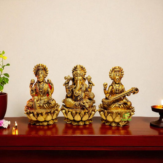 Light Weighted Brass Laxmi Ganesh Saraswati Idol Set for Temple | Puja Murti for Home & Office Mandir | Temple Idols for Diwali & Daily Rituals (Yellow, 3 Inch) Aakrati