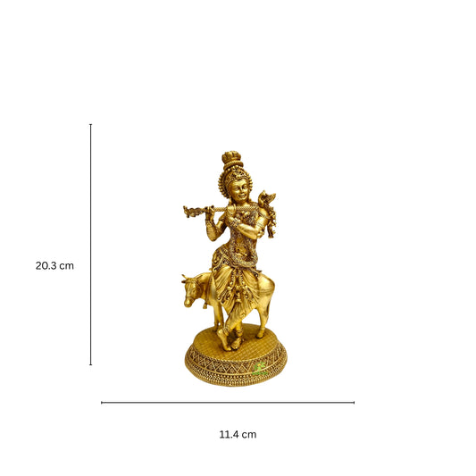 Brass Krishna Idol for Home Temple & Decor | Handcrafted Lord Krishna Statue with Flute | Light Weighted Krishna (Yellow, 8 Inch)