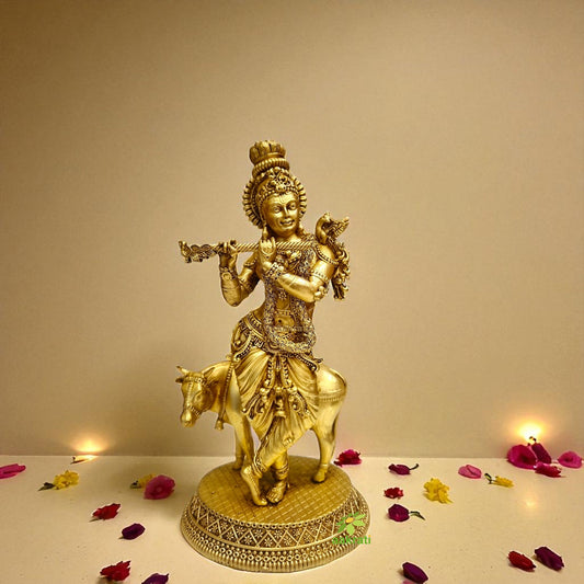 Brass Krishna Idol for Home Temple & Decor | Handcrafted Lord Krishna Statue with Flute | Light Weighted Krishna (Yellow, 8 Inch) Aakrati