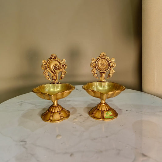 Shankh Chakra Diya Lamp 4.5 inch/ Home Temple Diya/ Handmade metal oil Lamp table top