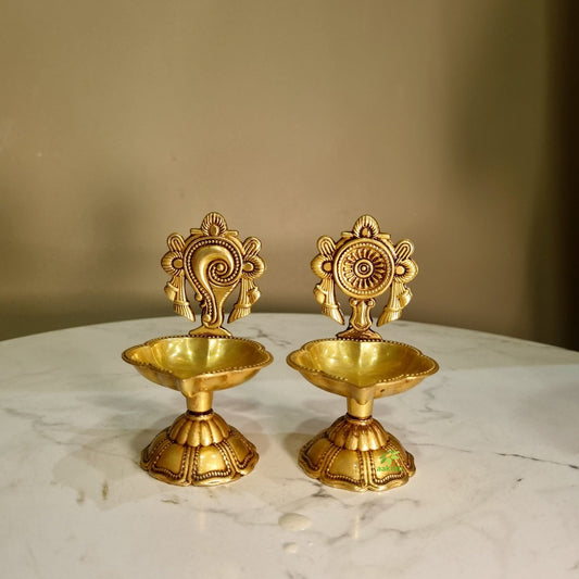 Shankh Chakra Diya Lamp 5 inch/ Home Temple Diya/ Handmade metal oil Lamp table top Aakrati