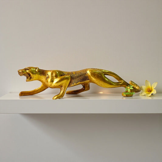 Premium Solid Brass Jaguar Statue | Brass Jaguar Figurine | Table Decor (Yellow, 2.3 Inch) Aakrati