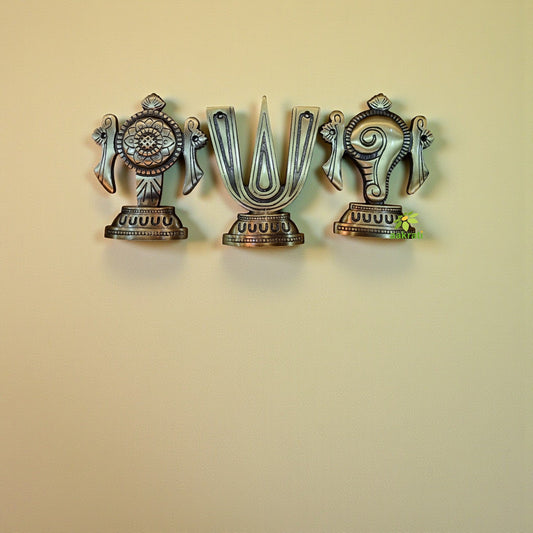 "Handcrafted Brass Shankh Chakra Namah Wall Hanging | "Brass Shankh Chakra Namah Wall Decor | wall hanging (Yellow 6 inch ) Aakrati