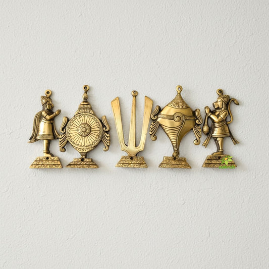 "Pure Brass Shankh Chakra Namah Wall Art | "Antique Finish Brass Shankh Chakra Namah wall decor (Yellow 9 inch) Aakrati