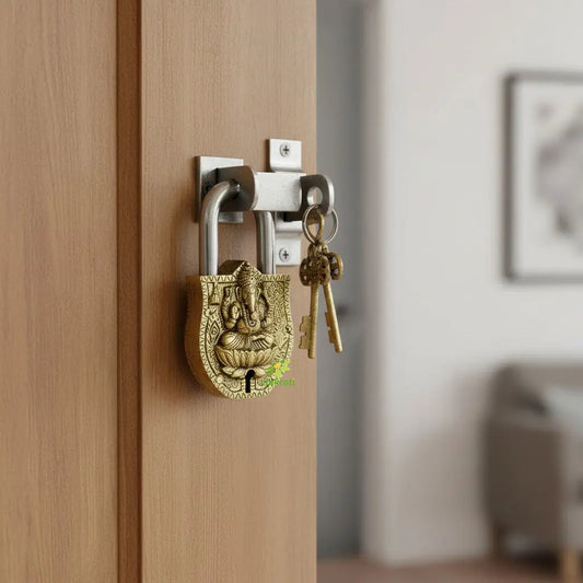 Handmade Brass Ganesha Padlock | Brass Ganesh Engraved Padlock with 2 Keys | Heavy Duty Traditional Lock for Doors Aakrati
