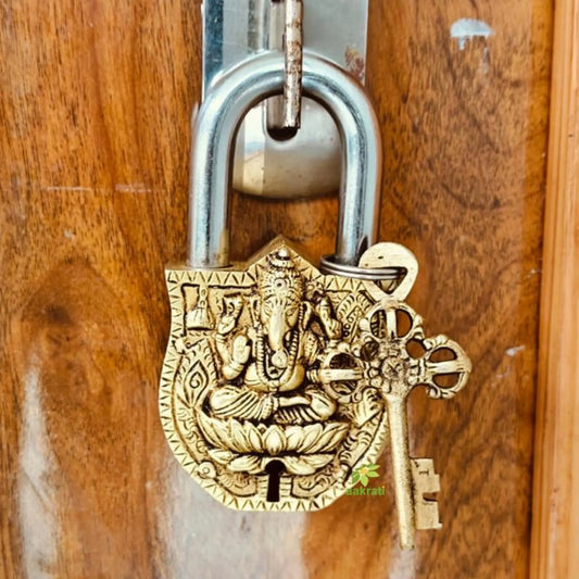 Handmade Brass Ganesha Padlock | Brass Ganesh Engraved Padlock with 2 Keys | Heavy Duty Traditional Lock for Doors Aakrati