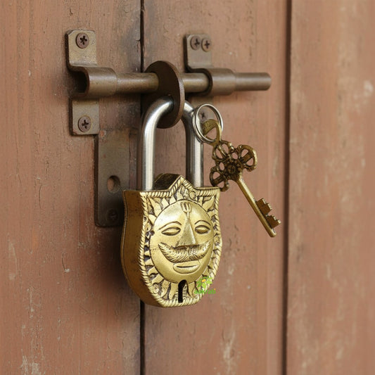 Brass Sun Face Engraved Padlock with 2 Keys | Handcrafted Brass Sun Face Padlock | Antique Finish Lock & Keys