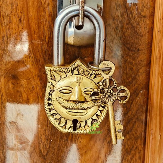 Brass Sun Face Engraved Padlock with 2 Keys | Handcrafted Brass Sun Face Padlock | Antique Finish Lock & Keys Aakrati