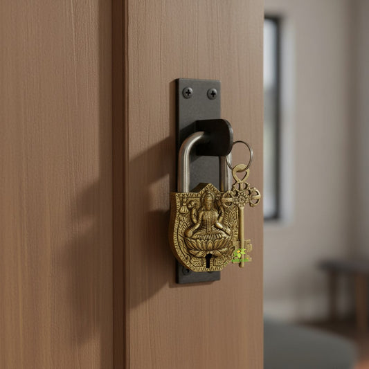 Brass Laxmi Face Engraved Padlock with Keys | Vintage Decorative Lock | Handmade Brass Laxmi Padlock Aakrati