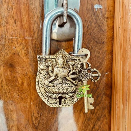 Brass Laxmi Face Engraved Padlock with Keys | Vintage Decorative Lock | Handmade Brass Laxmi Padlock Aakrati