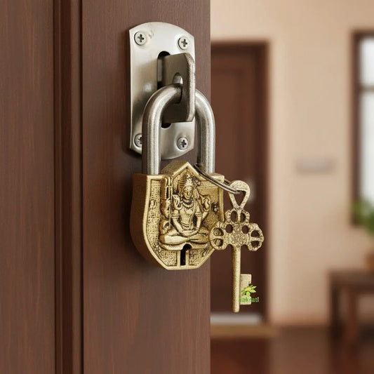 Brass Shiva Engraved Padlock with 2 Keys | Intricately Engraved Lock for Home Décor & Spiritual Gifting | Handcrafted Brass Padlock Aakrati