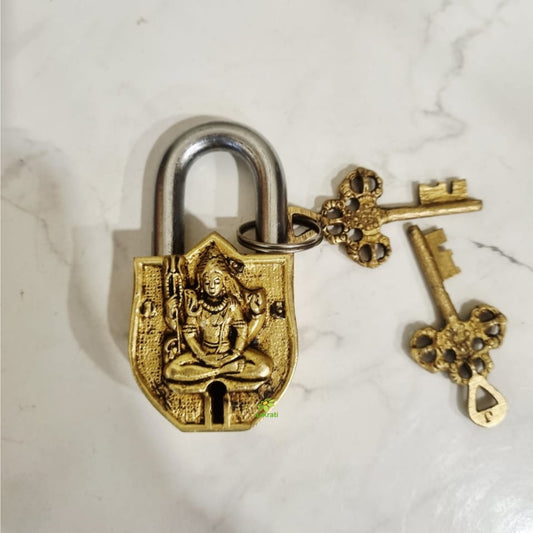 Brass Shiva Engraved Padlock with 2 Keys | Intricately Engraved Lock for Home Décor & Spiritual Gifting | Handcrafted Brass Padlock